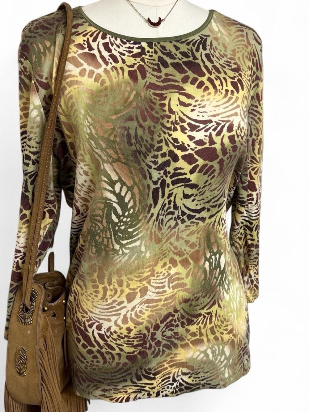 Long sleeve green brown leopard cheetah print y2k top retro indie fall western